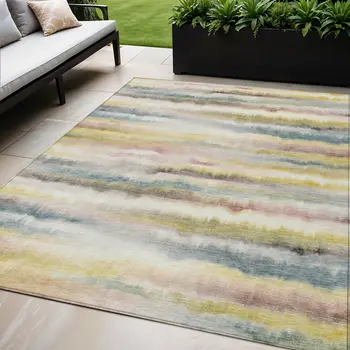 5' X 8' Gold Gray And Ivory Striped Washable Indoor Outdoor Area Rug