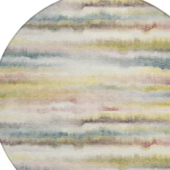 8' Gold Gray And Ivory Round Striped Washable Indoor Outdoor Area Rug