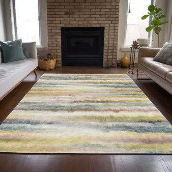 9' X 12' Gold Gray And Ivory Striped Washable Indoor Outdoor Area Rug