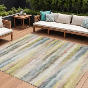 10' X 14' Gold Gray And Ivory Striped Washable Indoor Outdoor Area Rug