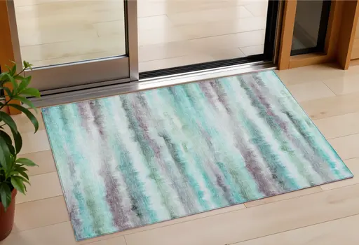 3' X 5' Teal Blue Plum And Ivory Striped Washable Indoor Outdoor Area Rug