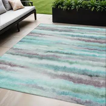 5' X 8' Teal Blue Plum And Ivory Striped Washable Indoor Outdoor Area Rug