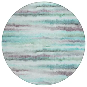 8' Teal Blue Plum And Ivory Round Striped Washable Indoor Outdoor Area Rug