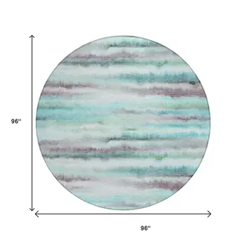 8' Teal Blue Plum And Ivory Round Striped Washable Indoor Outdoor Area Rug