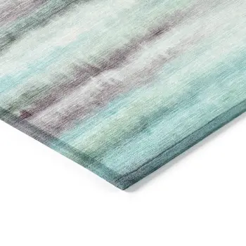 9' X 12' Teal Blue Plum And Ivory Striped Washable Indoor Outdoor Area Rug
