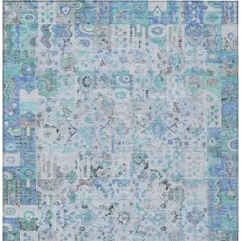 3' X 5' Blue And Silver Patchwork Washable Indoor Outdoor Area Rug