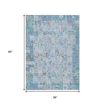 3' X 5' Blue And Silver Patchwork Washable Indoor Outdoor Area Rug