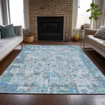 3' X 5' Blue And Silver Patchwork Washable Indoor Outdoor Area Rug