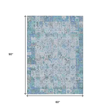 5' X 8' Blue And Silver Patchwork Washable Indoor Outdoor Area Rug