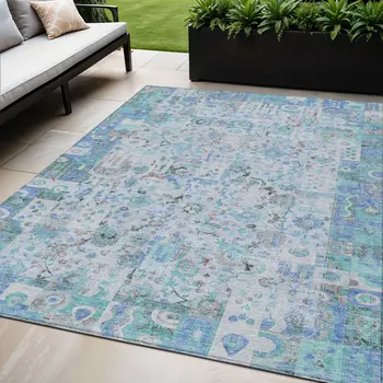 5' X 8' Blue And Silver Patchwork Washable Indoor Outdoor Area Rug
