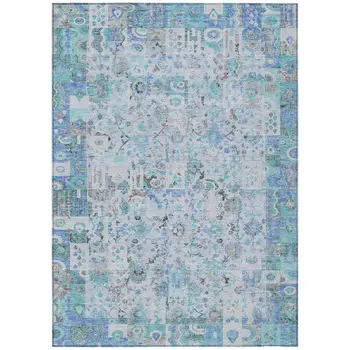 5' X 8' Blue And Silver Patchwork Washable Indoor Outdoor Area Rug