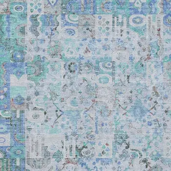 8' X 10' Blue And Silver Patchwork Washable Indoor Outdoor Area Rug