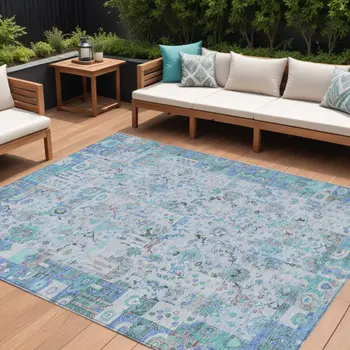 10' X 14' Blue And Silver Patchwork Washable Indoor Outdoor Area Rug