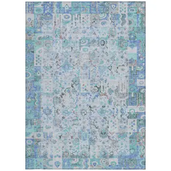 10' X 14' Blue And Silver Patchwork Washable Indoor Outdoor Area Rug