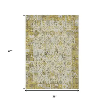 3' X 5' Gold And Ivory Patchwork Washable Indoor Outdoor Area Rug