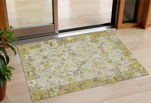3' X 5' Gold And Ivory Patchwork Washable Indoor Outdoor Area Rug