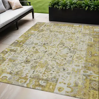 5' X 8' Gold And Ivory Patchwork Washable Indoor Outdoor Area Rug