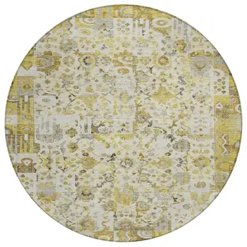 8' Gold And Ivory Round Patchwork Washable Indoor Outdoor Area Rug