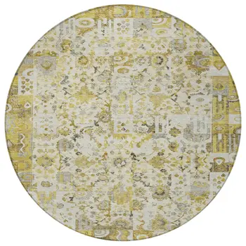 8' Gold And Ivory Round Patchwork Washable Indoor Outdoor Area Rug
