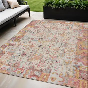 5' X 8' Pink And Ivory Patchwork Washable Indoor Outdoor Area Rug