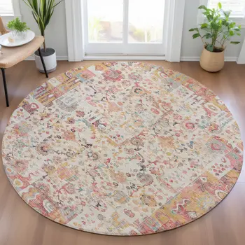 8' Pink And Ivory Round Patchwork Washable Indoor Outdoor Area Rug
