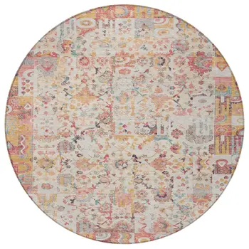 8' Pink And Ivory Round Patchwork Washable Indoor Outdoor Area Rug