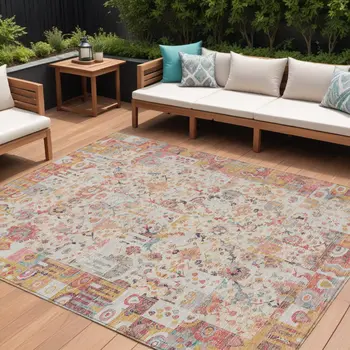 8' X 10' Pink And Ivory Patchwork Washable Indoor Outdoor Area Rug