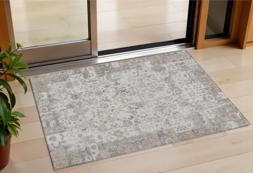 3' X 5' Taupe And Ivory Patchwork Washable Indoor Outdoor Area Rug
