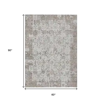 5' X 8' Taupe And Ivory Patchwork Washable Indoor Outdoor Area Rug