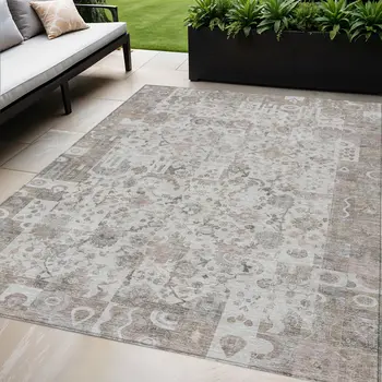 5' X 8' Taupe And Ivory Patchwork Washable Indoor Outdoor Area Rug
