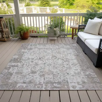 5' X 8' Taupe And Ivory Patchwork Washable Indoor Outdoor Area Rug