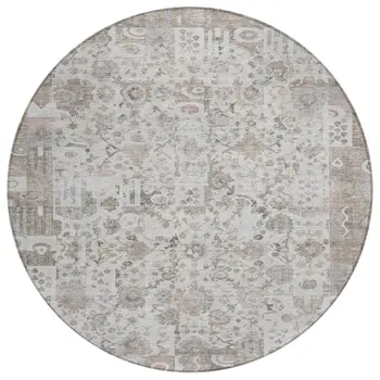 8' Taupe And Ivory Round Patchwork Washable Indoor Outdoor Area Rug