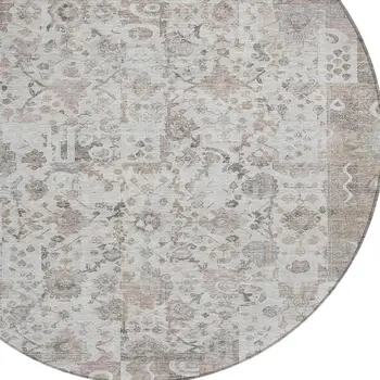 8' Taupe And Ivory Round Patchwork Washable Indoor Outdoor Area Rug