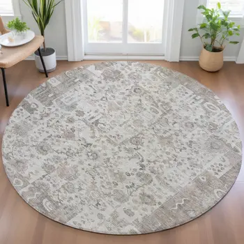 8' Taupe And Ivory Round Patchwork Washable Indoor Outdoor Area Rug