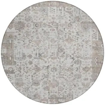 8' Taupe And Ivory Round Patchwork Washable Indoor Outdoor Area Rug