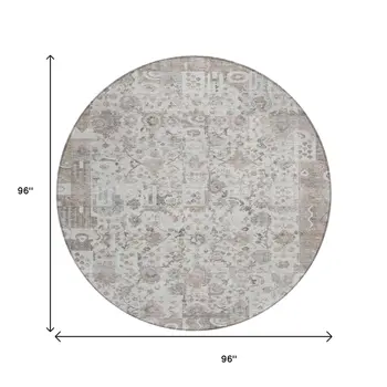 8' Taupe And Ivory Round Patchwork Washable Indoor Outdoor Area Rug