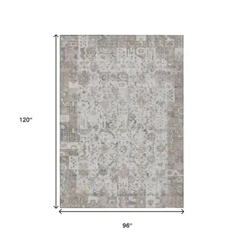 8' X 10' Taupe And Ivory Patchwork Washable Indoor Outdoor Area Rug