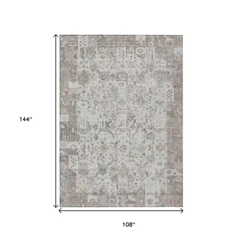 9' X 12' Taupe And Ivory Patchwork Washable Indoor Outdoor Area Rug