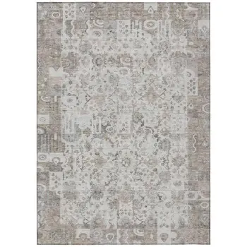 9' X 12' Taupe And Ivory Patchwork Washable Indoor Outdoor Area Rug
