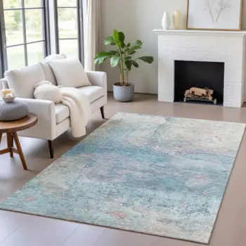 3' X 5' Aqua And Beige Abstract Washable Indoor Outdoor Area Rug