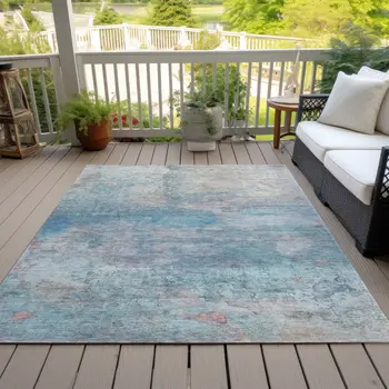 3' X 5' Aqua And Beige Abstract Washable Indoor Outdoor Area Rug
