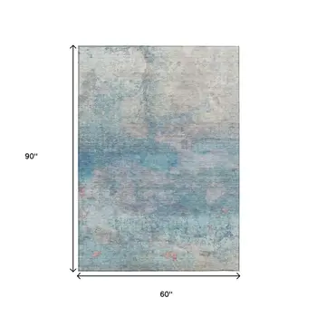 5' X 8' Aqua And Beige Abstract Washable Indoor Outdoor Area Rug