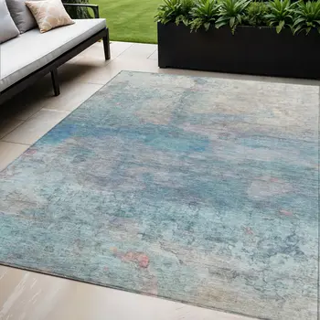 5' X 8' Aqua And Beige Abstract Washable Indoor Outdoor Area Rug