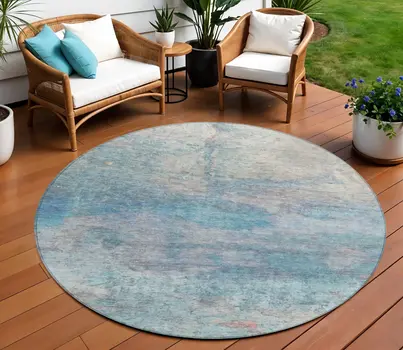 8' Aqua And Beige Round Abstract Washable Indoor Outdoor Area Rug