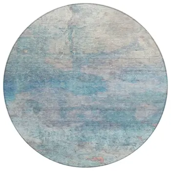 8' Aqua And Beige Round Abstract Washable Indoor Outdoor Area Rug