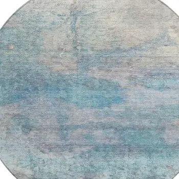 8' Aqua And Beige Round Abstract Washable Indoor Outdoor Area Rug