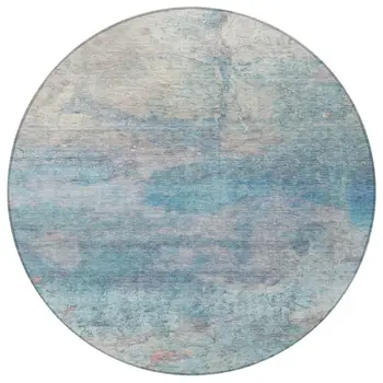8' Aqua And Beige Round Abstract Washable Indoor Outdoor Area Rug