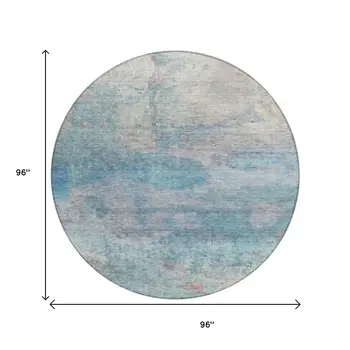 8' Aqua And Beige Round Abstract Washable Indoor Outdoor Area Rug