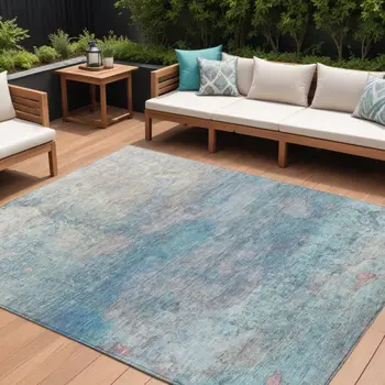 8' X 10' Aqua And Beige Abstract Washable Indoor Outdoor Area Rug