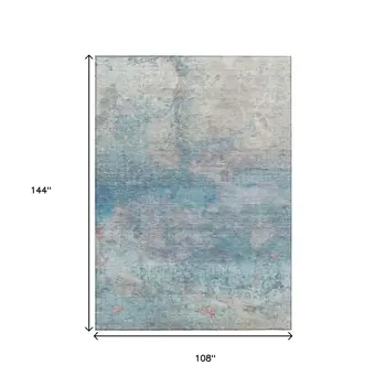 9' X 12' Aqua And Beige Abstract Washable Indoor Outdoor Area Rug